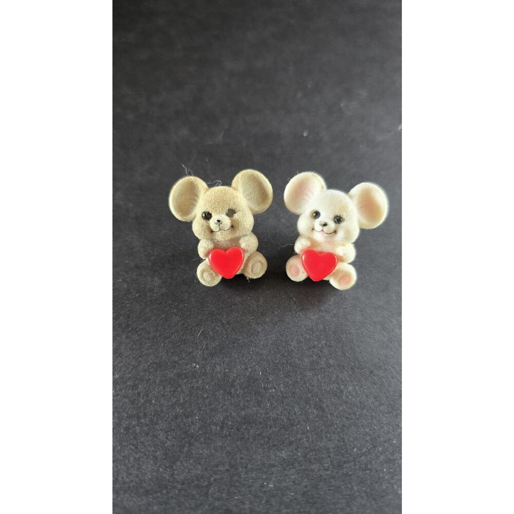 Russ Mice Lapel Pin Set Flocked Velvet Red Heart Love Valentine Cute Jewelry